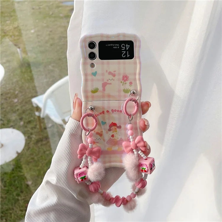 For Samsung Galaxy Z Flip4 5G Case IMD Girl Flower Pattern TPU Phone Cover with Beads Hand Strap