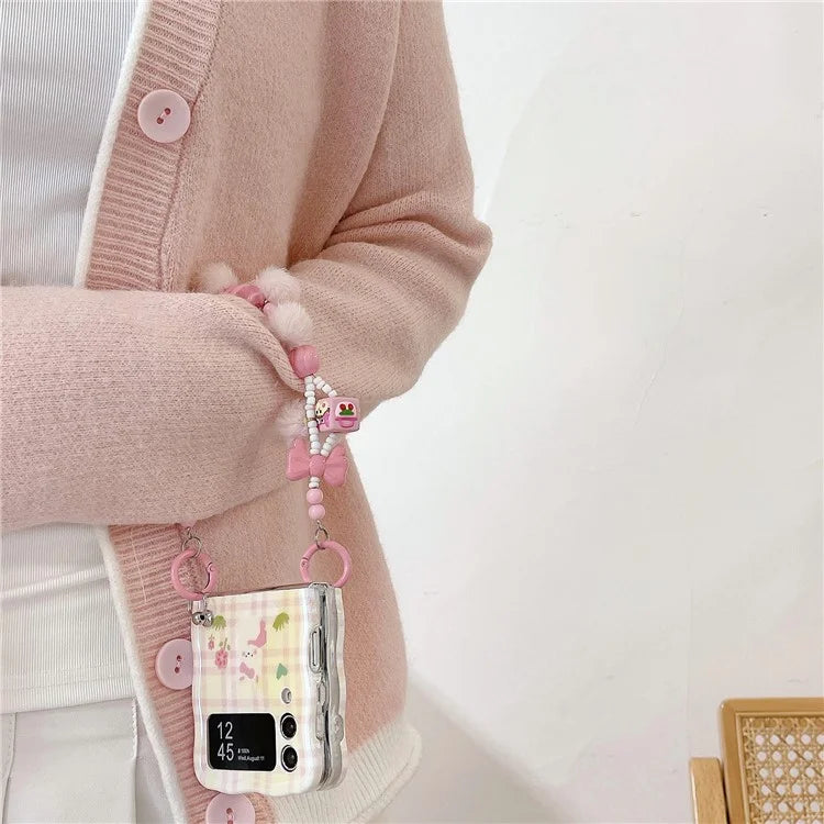 For Samsung Galaxy Z Flip4 5G Case IMD Girl Flower Pattern TPU Phone Cover with Beads Hand Strap
