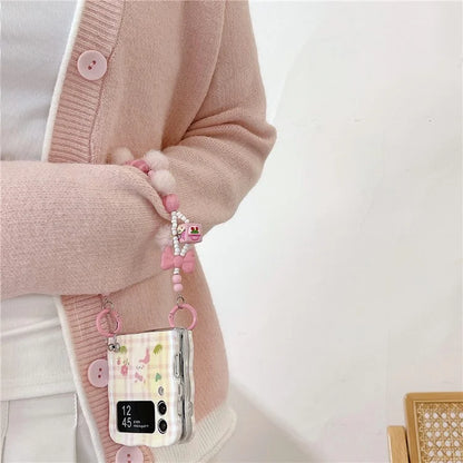 For Samsung Galaxy Z Flip4 5G Case IMD Girl Flower Pattern TPU Phone Cover with Beads Hand Strap