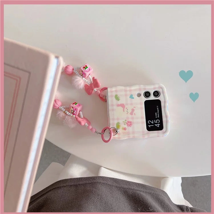 For Samsung Galaxy Z Flip4 5G Case IMD Girl Flower Pattern TPU Phone Cover with Beads Hand Strap