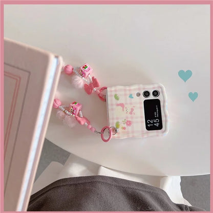 For Samsung Galaxy Z Flip4 5G Case IMD Girl Flower Pattern TPU Phone Cover with Beads Hand Strap