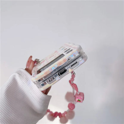 For Samsung Galaxy Z Flip4 5G Case IMD Girl Flower Pattern TPU Phone Cover with Beads Hand Strap