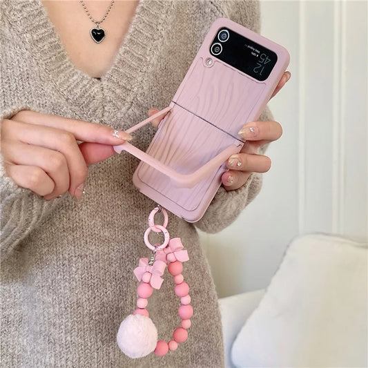 For Samsung Galaxy Z Flip4 5G Case Ripple Texture Kickstand PC Phone Cover with Beads Hand Strap