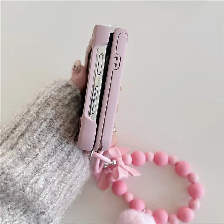 For Samsung Galaxy Z Flip4 5G Case Ripple Texture Kickstand PC Phone Cover with Beads Hand Strap