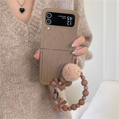For Samsung Galaxy Z Flip4 5G Case Ripple Texture Kickstand PC Phone Cover with Beads Hand Strap