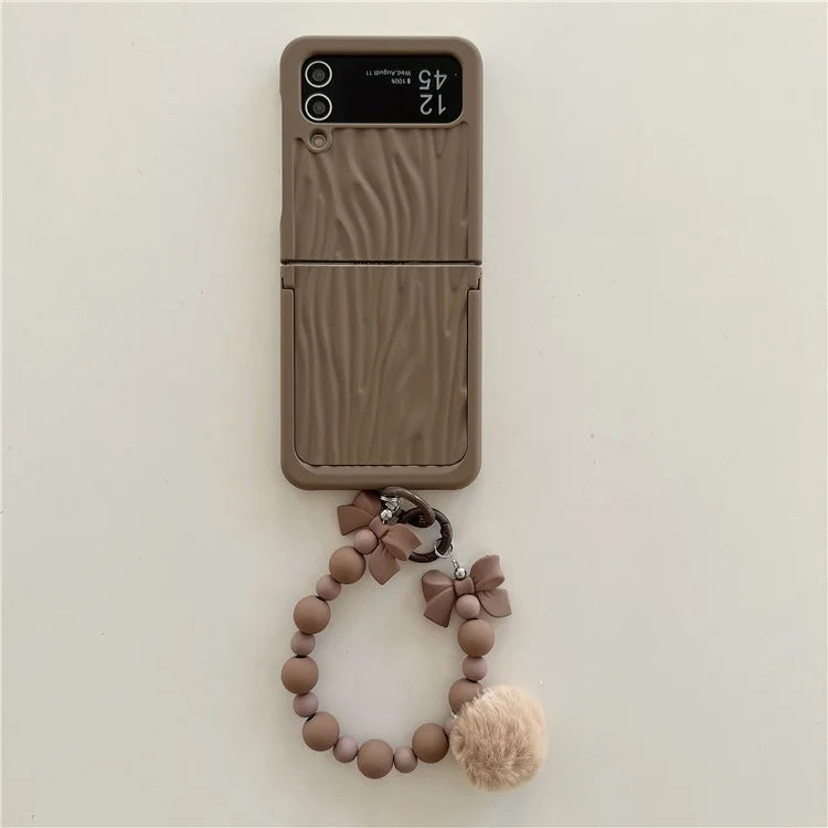 For Samsung Galaxy Z Flip4 5G Case Ripple Texture Kickstand PC Phone Cover with Beads Hand Strap