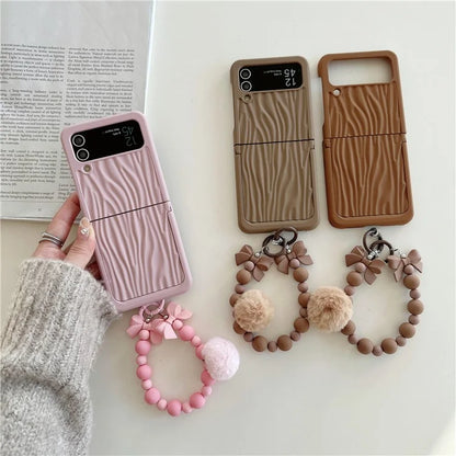 For Samsung Galaxy Z Flip4 5G Case Ripple Texture Kickstand PC Phone Cover with Beads Hand Strap