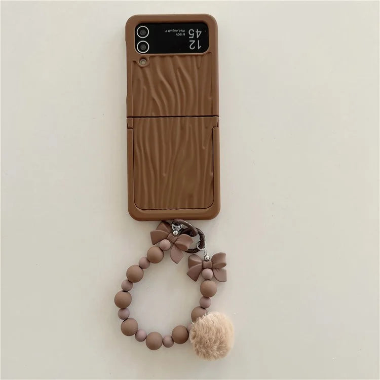 For Samsung Galaxy Z Flip4 5G Case Ripple Texture Kickstand PC Phone Cover with Beads Hand Strap