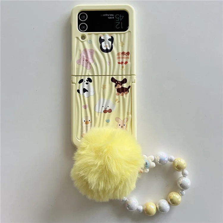 For Samsung Galaxy Z Flip4 5G Case Ripple Texture Pattern Print PC Phone Cover with Beads Hand Strap
