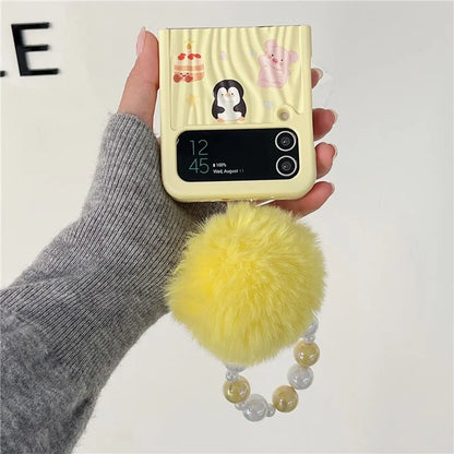 For Samsung Galaxy Z Flip4 5G Case Ripple Texture Pattern Print PC Phone Cover with Beads Hand Strap