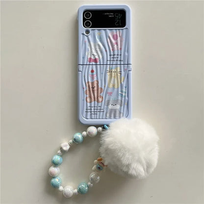 For Samsung Galaxy Z Flip4 5G Case Ripple Texture Pattern Print PC Phone Cover with Beads Hand Strap
