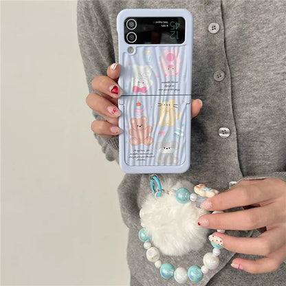 For Samsung Galaxy Z Flip4 5G Case Ripple Texture Pattern Print PC Phone Cover with Beads Hand Strap