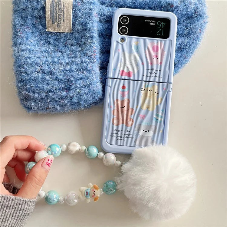 For Samsung Galaxy Z Flip4 5G Case Ripple Texture Pattern Print PC Phone Cover with Beads Hand Strap