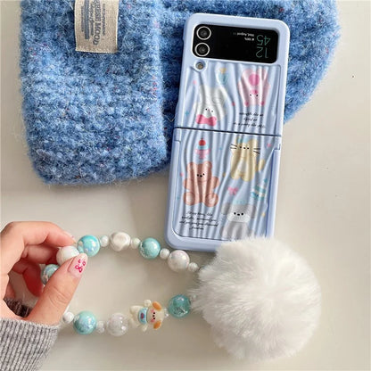 For Samsung Galaxy Z Flip4 5G Case Ripple Texture Pattern Print PC Phone Cover with Beads Hand Strap