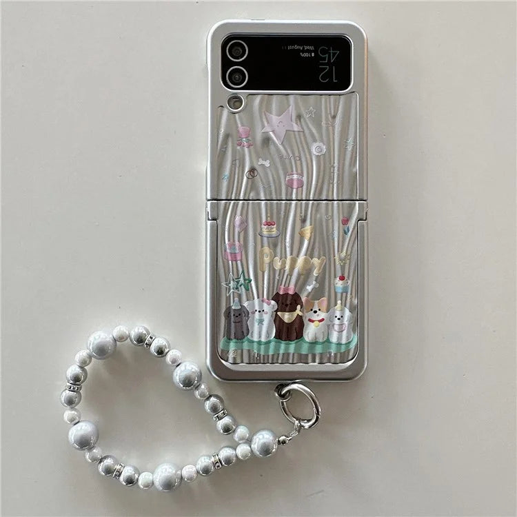 For Samsung Galaxy Z Flip4 5G Case Ripple Texture Pattern Print PC Phone Cover with Beads Hand Strap