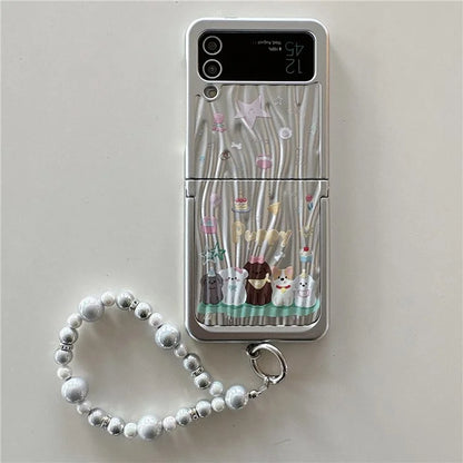 For Samsung Galaxy Z Flip4 5G Case Ripple Texture Pattern Print PC Phone Cover with Beads Hand Strap