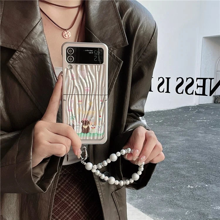 For Samsung Galaxy Z Flip4 5G Case Ripple Texture Pattern Print PC Phone Cover with Beads Hand Strap