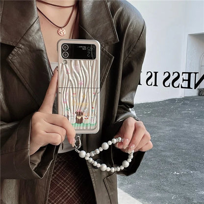 For Samsung Galaxy Z Flip4 5G Case Ripple Texture Pattern Print PC Phone Cover with Beads Hand Strap
