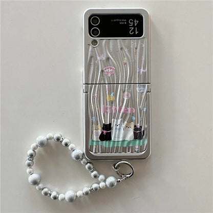 For Samsung Galaxy Z Flip4 5G Case Ripple Texture Pattern Print PC Phone Cover with Beads Hand Strap