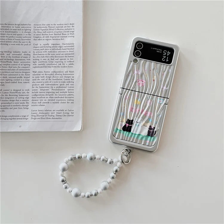 For Samsung Galaxy Z Flip4 5G Case Ripple Texture Pattern Print PC Phone Cover with Beads Hand Strap