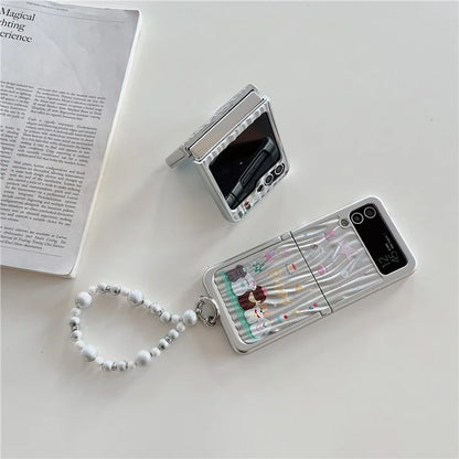 For Samsung Galaxy Z Flip4 5G Case Ripple Texture Pattern Print PC Phone Cover with Beads Hand Strap