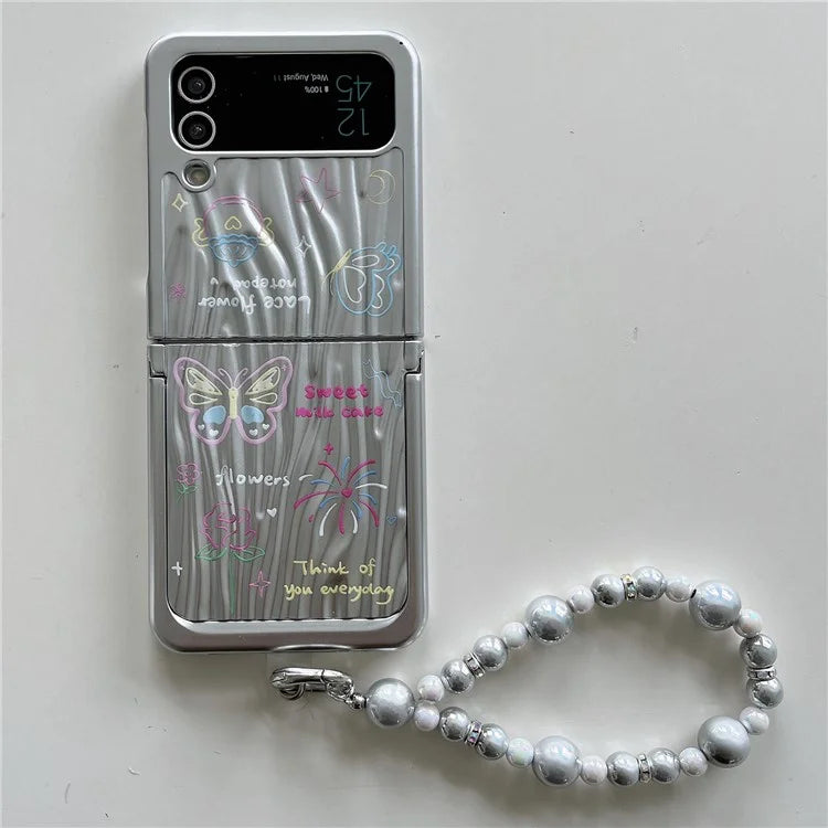 For Samsung Galaxy Z Flip4 5G Case Ripple Texture Pattern Print PC Phone Cover with Beads Hand Strap