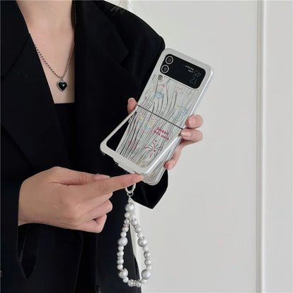 For Samsung Galaxy Z Flip4 5G Case Ripple Texture Pattern Print PC Phone Cover with Beads Hand Strap
