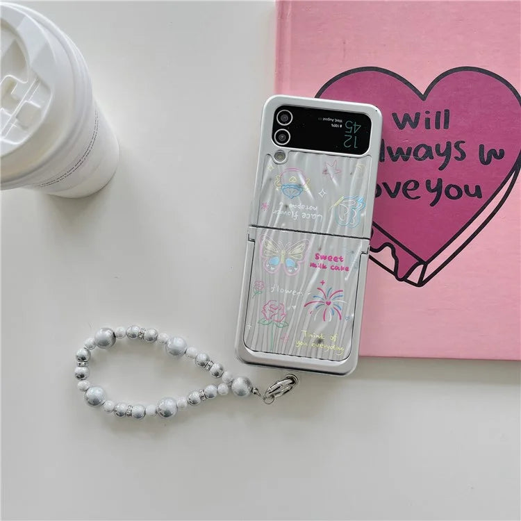 For Samsung Galaxy Z Flip4 5G Case Ripple Texture Pattern Print PC Phone Cover with Beads Hand Strap
