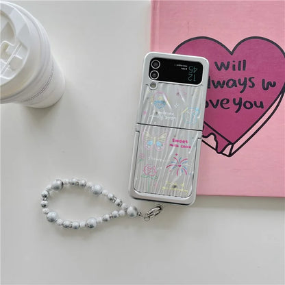 For Samsung Galaxy Z Flip4 5G Case Ripple Texture Pattern Print PC Phone Cover with Beads Hand Strap
