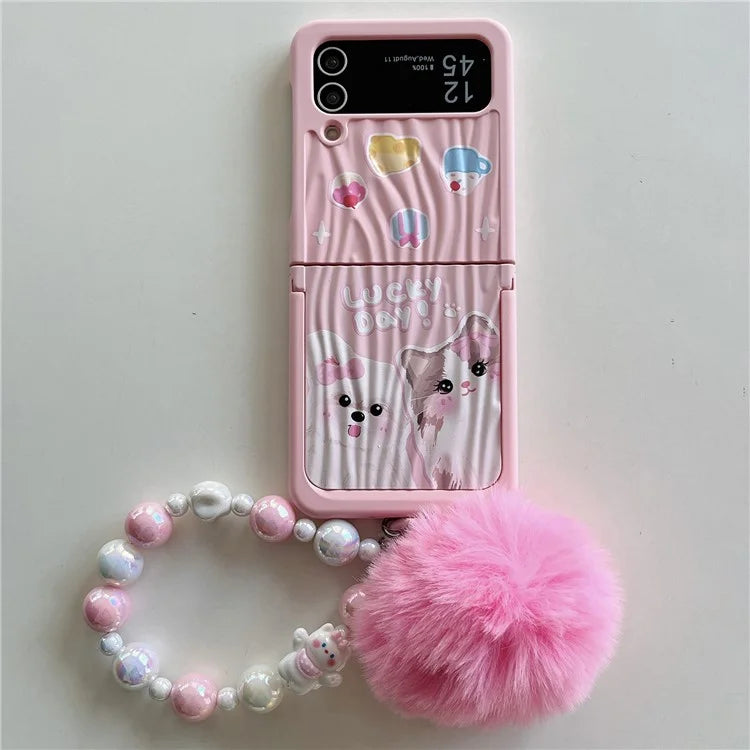 For Samsung Galaxy Z Flip4 5G Case Ripple Texture Pattern Print PC Phone Cover with Beads Hand Strap