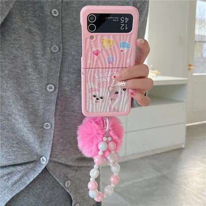 For Samsung Galaxy Z Flip4 5G Case Ripple Texture Pattern Print PC Phone Cover with Beads Hand Strap