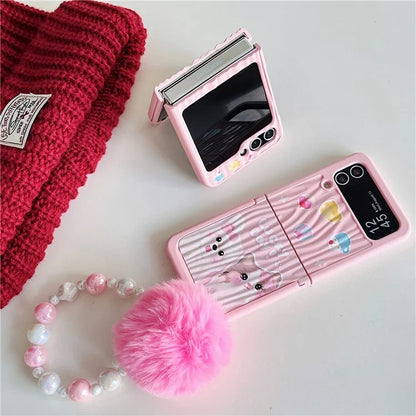 For Samsung Galaxy Z Flip4 5G Case Ripple Texture Pattern Print PC Phone Cover with Beads Hand Strap
