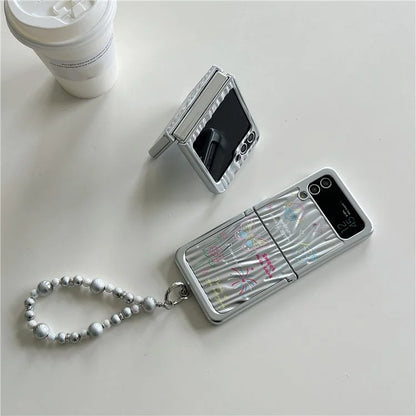 For Samsung Galaxy Z Flip4 5G Case Ripple Texture Pattern Print PC Phone Cover with Beads Hand Strap