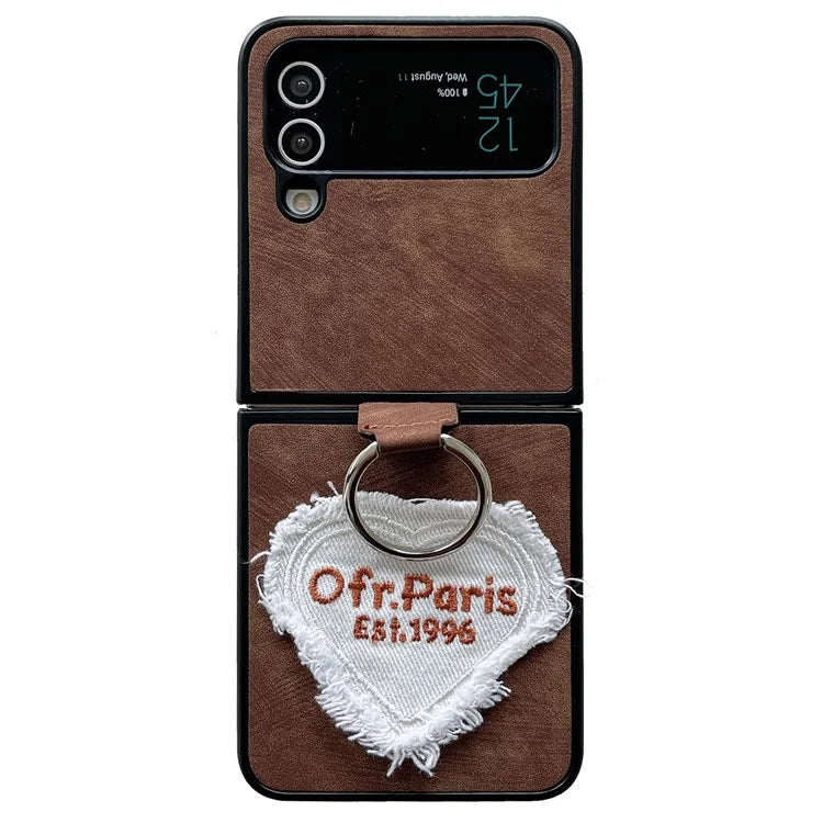 For Samsung Galaxy Z Flip4 5G Case Heart Embroidery Leather Coated PC Cover with Ring Kickstand