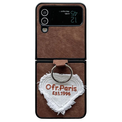 For Samsung Galaxy Z Flip4 5G Case Heart Embroidery Leather Coated PC Cover with Ring Kickstand