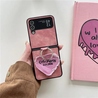 For Samsung Galaxy Z Flip4 5G Case Heart Embroidery Leather Coated PC Cover with Ring Kickstand