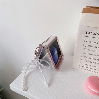 For Samsung Galaxy Z Flip5 5G Case TPU Folding Phone Cover with Pearls Bowknot Pendant