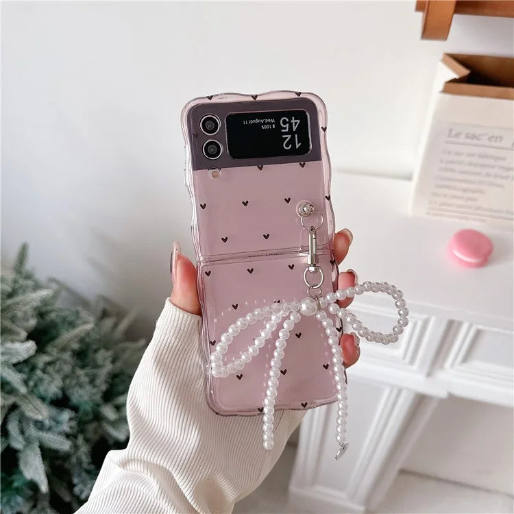 For Samsung Galaxy Z Flip4 5G TPU Case Pattern Phone Cover with Pearls Bowknot Pendant