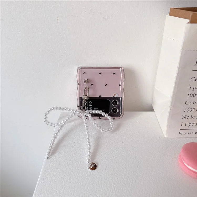 For Samsung Galaxy Z Flip4 5G TPU Case Pattern Phone Cover with Pearls Bowknot Pendant