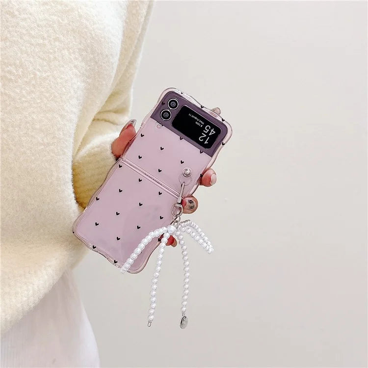 For Samsung Galaxy Z Flip4 5G TPU Case Pattern Phone Cover with Pearls Bowknot Pendant