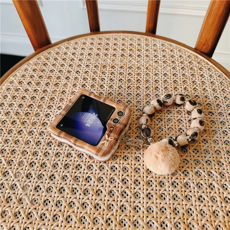 For Samsung Galaxy Z Flip5 5G Case IMD Plaid Bowknot Pattern TPU Cover with Plush Hand Strap