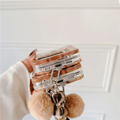 For Samsung Galaxy Z Flip5 5G Case IMD Plaid Bowknot Pattern TPU Cover with Plush Hand Strap