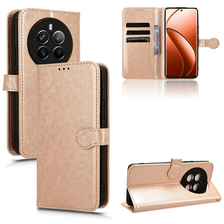 For Realme 12+ 5G Case Dots Imprinted PU Leather Mobile Phone Cover with Viewing Stand