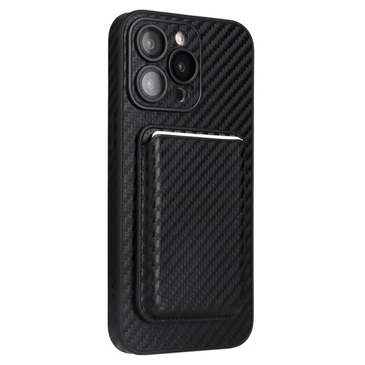 For iPhone 14 Pro Max Card Holder Case Compatible with MagSafe Carbon Fiber PU+PC+TPU Phone Case