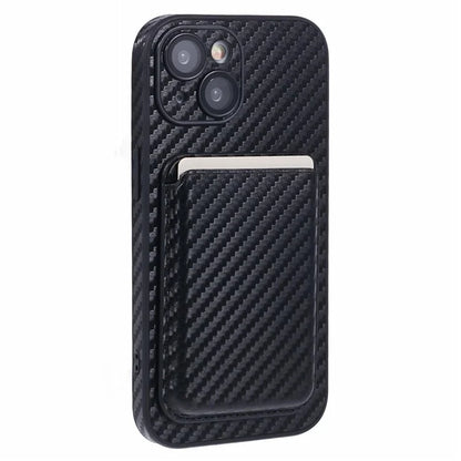For iPhone 13 Magnetic Case PU Leather Carbon Fiber Phone Back Cover with Card Holder