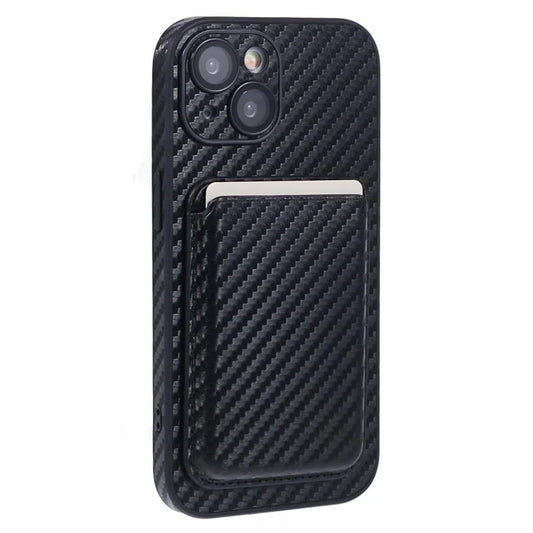 For iPhone 13 Magnetic Case PU Leather Carbon Fiber Phone Back Cover with Card Holder