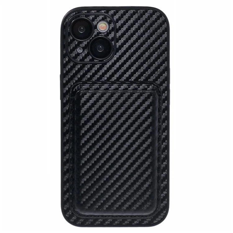 For iPhone 13 Magnetic Case PU Leather Carbon Fiber Phone Back Cover with Card Holder