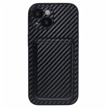 For iPhone 13 Magnetic Case PU Leather Carbon Fiber Phone Back Cover with Card Holder