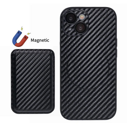 For iPhone 13 Magnetic Case PU Leather Carbon Fiber Phone Back Cover with Card Holder
