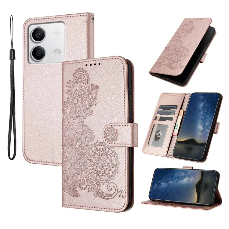 YX0050 For Xiaomi Redmi Note 13 4G Wallet Case Flower Pattern Imprinted Leather Phone Cover
